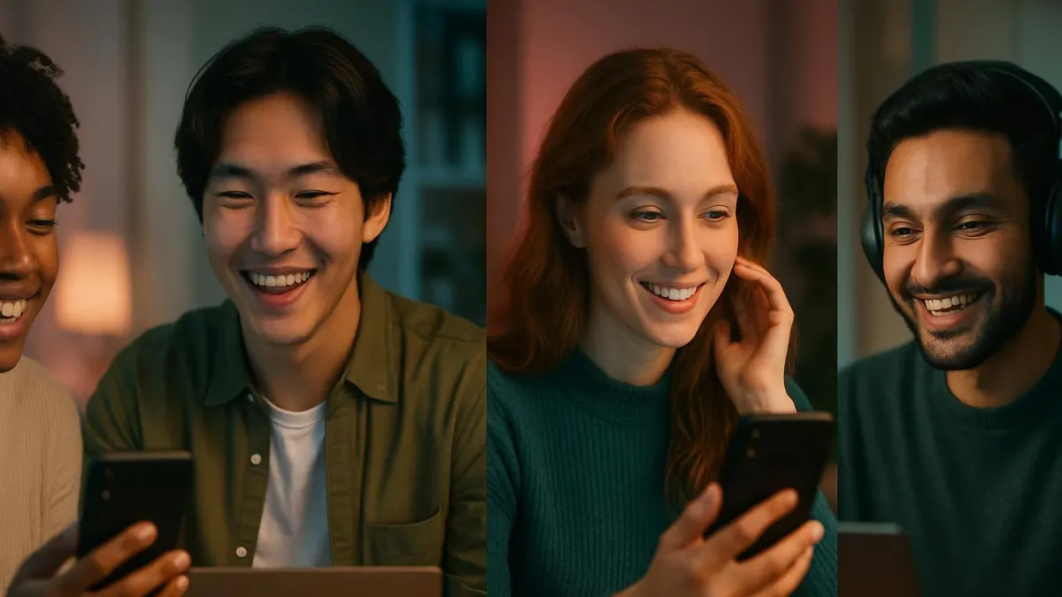 Những người trưởng thành mang quốc tịch khác nhau mỉm cười và trò chuyện tự nhiên qua cuộc gọi video bằng điện thoại thông minh và máy tính xách tay trong không gian nội thất hiện đại