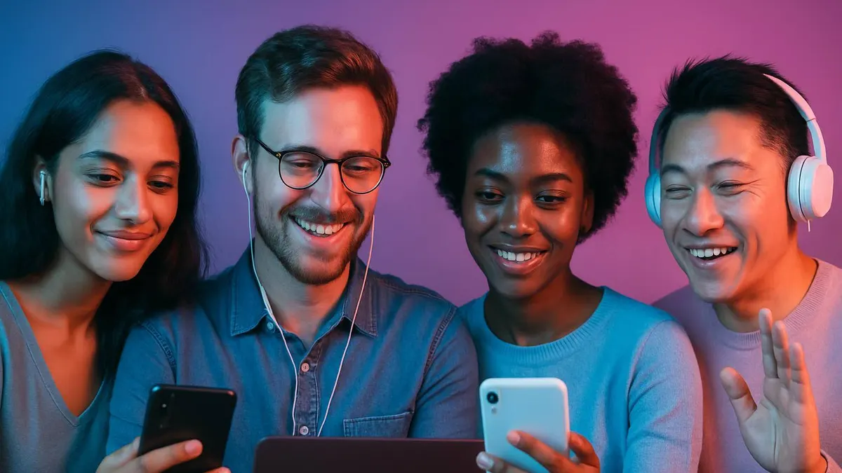 Des hommes et femmes de 20 à 30 ans, originaires de différents pays, discutent en visioconférence dans une ambiance lumineuse et conviviale.