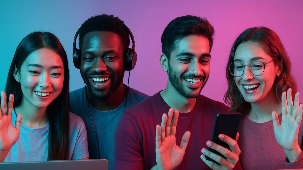 Coverbild: Menschen verschiedener Nationalitäten lernen sich via Videochat unter moderner Beleuchtung kennen