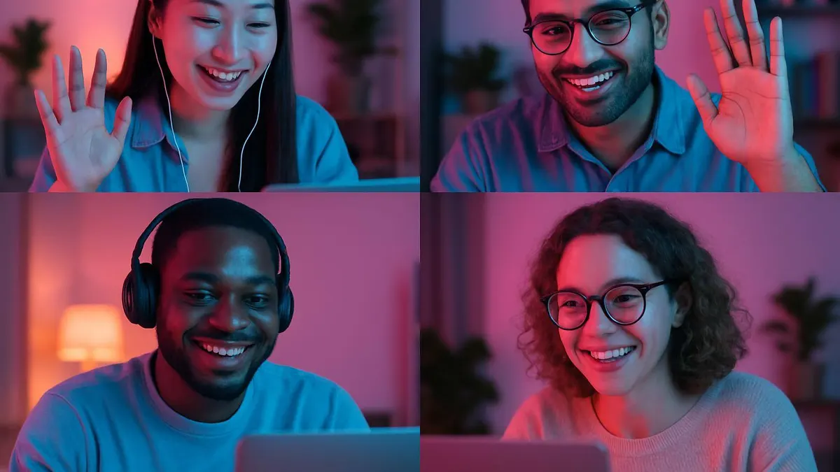 Adults in their 20s and 30s connecting globally through video chat, under modern OGAM-style lighting
