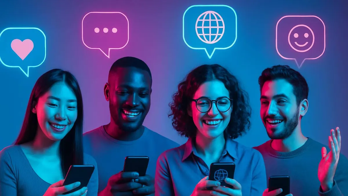 Mehrere Erwachsene verschiedener Nationalitäten über 20 kommunizieren lebhaft und freundlich per Videochat unter hellem Licht.