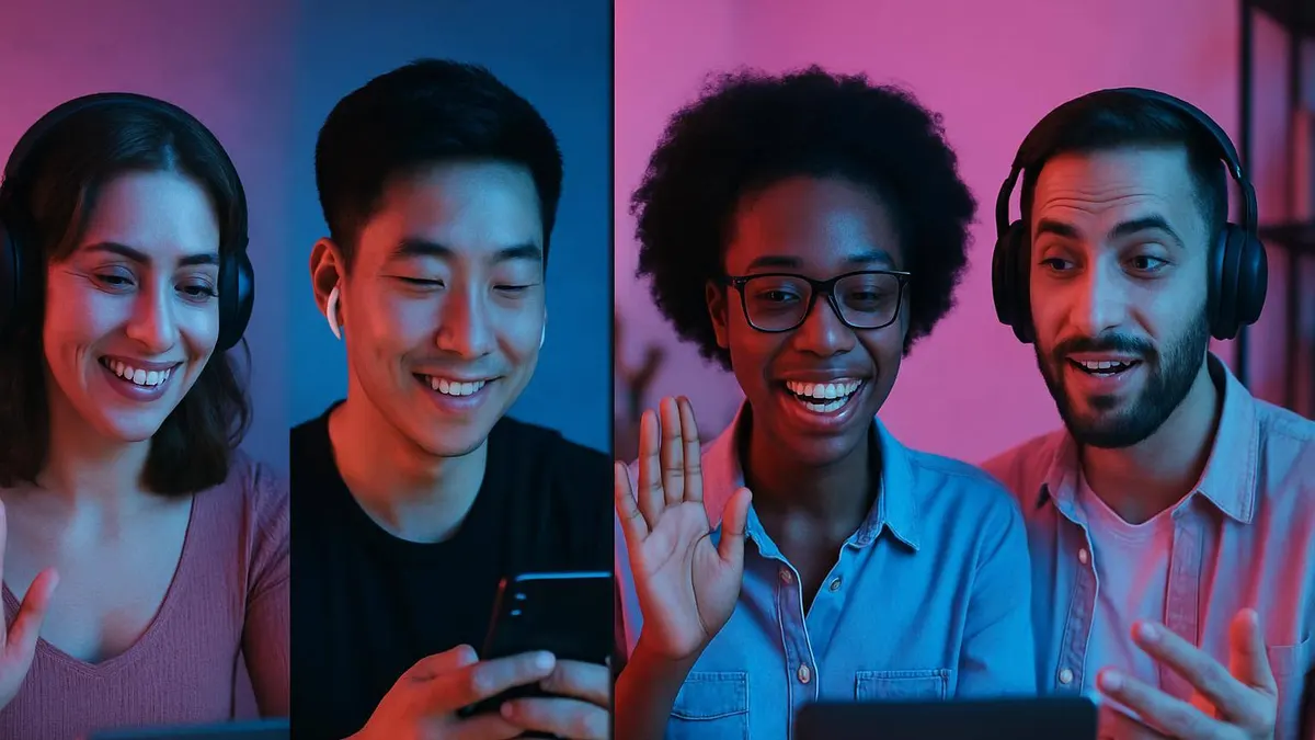 Erwachsene verschiedener Nationalitäten nutzen OGAM-Videochat und kommunizieren international miteinander